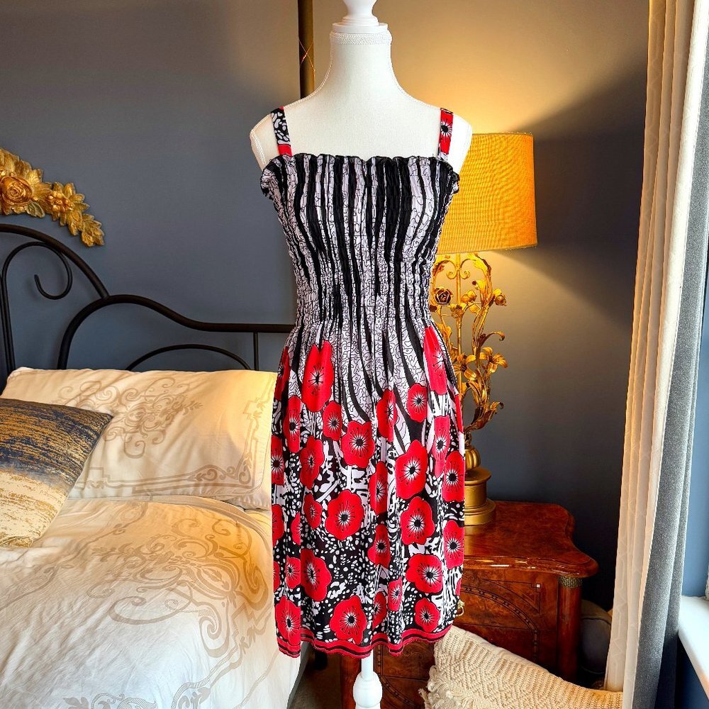 Black and White Striped with Red Poppies Ruched Cover Up Swim Dress NWT